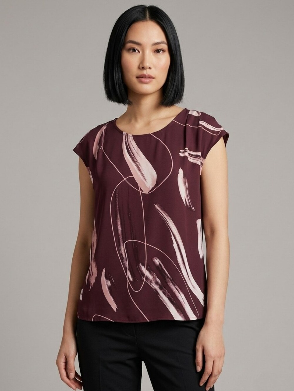 Willow & Thread Plum Graphic Print Cap Sleeve Artsy Blouse, Office Chic, Size M